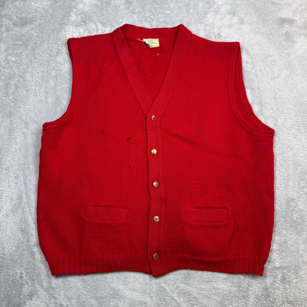 Vintage LL Bean Cardigan Vest Mens XL Red Distressed Button Front Wool 60s